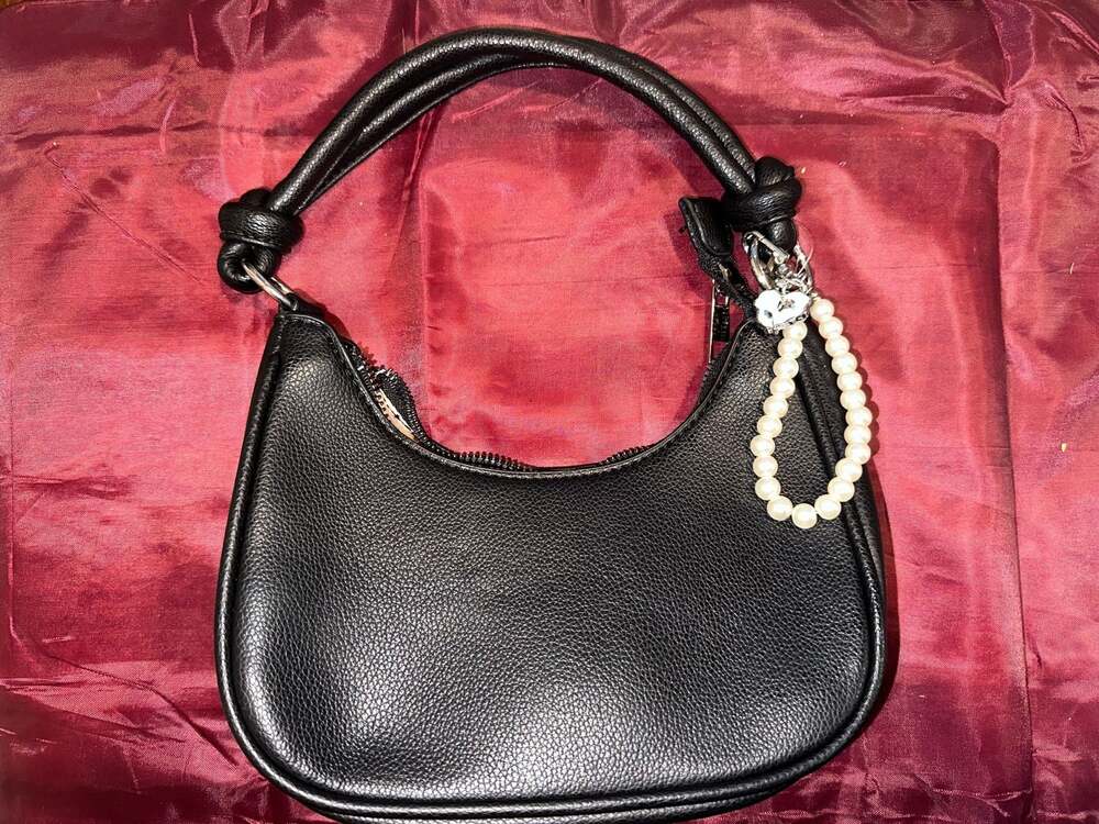 Black Pebbled Faux Leather Crescent Hobo Shoulder Bag with Pearl Charm